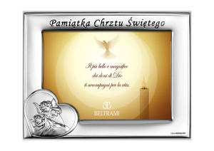 Ramka srebrna na zdjęcie z okazji Chrztu Św. z podpisem i wizerunkiem aniołka 