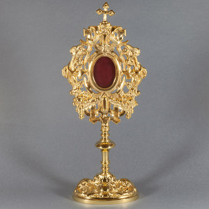 Relikwiarz barokowy, mosiądz złocony, wysokość 34 cm