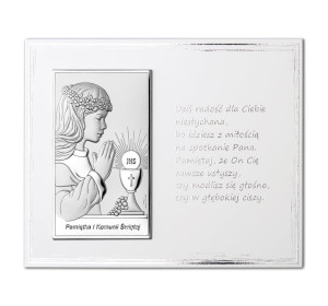 Obrazek srebrny na pamiątkę I Komunii Św. z dziewczynką na białym zdobionym panelu z cytatem