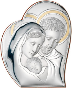 Obrazek srebrny w kształcie serca z wizerunkiem Św. Rodziny ze złoceniami