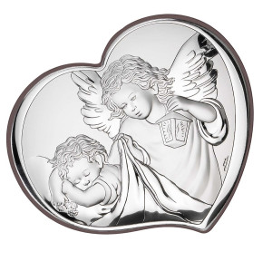 Obrazek srebrny Aniołek z latarenką nad dzieckiem, na białym drewnie - GRAWER GRATIS !