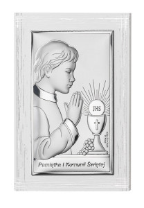 Obrazek srebrny na pamiątkę I Komunii Św. z chłopczykiem, na białym zdobionym drewnie, prostokątny