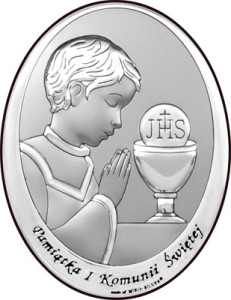Obrazek srebrny na pamiątkę I Komunii Św. z chłopczykiem z podpisem, owalny
