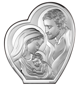 Obrazek srebrny w kształcie serca z wizerunkiem Św. Rodziny