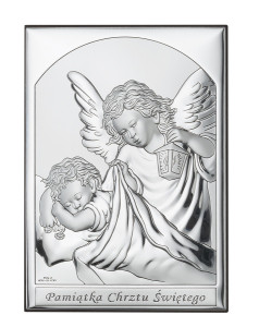 Obrazek srebrny Aniołek z latarenką z podpisem "Pamiątka Chrztu Świętego", prostokątny