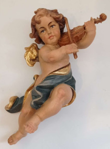  Anioł ze skrzypcami, rzeźba drewniana, wysokość 21 cm