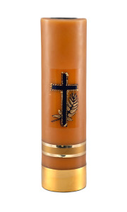 Świeca ołtarzowa na wkład olejowy, woskowa z naklejką z krzyżem,  ręcznie zdobiona, wys. 30/8cm 