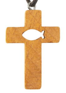 Naszyjnik krzyżyk rybka chrześcijańska Drewniany
