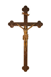 Krzyż w stylu barokowym, drewniana rzeźba bejcowana, wysokość 210 cm