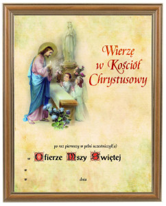 Obrazek komunijny w ramce z personalizacją Wierzę w Kościół Chrystusowy - Pamiątka I Komunii Świętej 