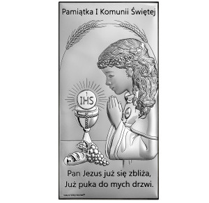 Obrazek srebrny na pamiątkę I Komunii Św. z dziewczynką, prostokątny - GRAWER GRATIS !