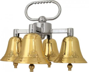 Dzwonki poczwórne jednotonowe zdobione, mosiądz lakierowany, rączka chromowana