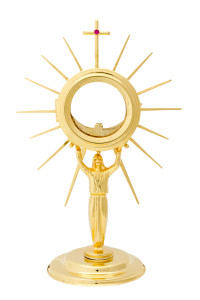 Monstrancja z wizerunkiem Jezusa, mosiężna, złocona i srebrzona, szerokość 21 cm, wysokość 30 cm