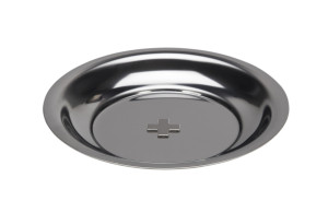 Naczynie na wodę święconą w kolorze srebrnym z krzyżem na środku