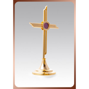 Relikwiarz mosiężny, złocony w kształcie krzyża, wysokość 37 cm