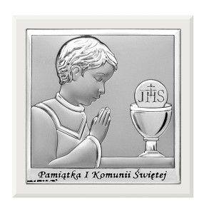 Obrazek srebrny na pamiątkę I Komunii Św. z chłopcem w ramce