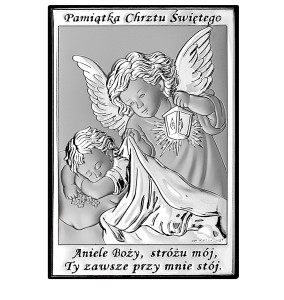 Obrazek srebrny z wizerunkiem Aniołka z latarenką z napisem i modlitwą, prostokątny
