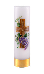Świeca ołtarzowa na wkład olejowy, ręcznie malowana z krzyżem i winogronem,  wys. 30/7cm 