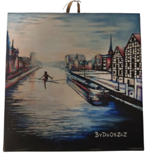Obrazek ceramiczny Bydgoszcz Przechodzący przez rzekę na tle spichrzy 10x10 cm lub 15x15 cm