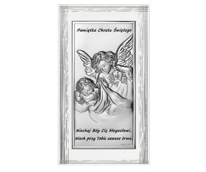 Obrazek srebrny Aniołek z latarenką z modlitwą, prostokątny na białym zdobionym drewnie