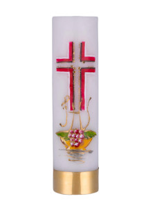 Świeca ołtarzowa na wkład olejowy, eucharystyczna z krzyżem czerwonym, ręcznie malowana,  wys. 30/7cm 