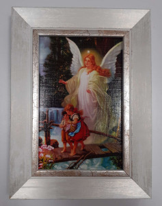Obraz w białej ramce - Anioł z dziećmi na kładce