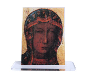 Stojaczek z plexi z wizerunkiem Matki Bożej Częstochowskiej.