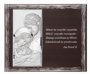 Obrazek srebrny z wizerunkiem Św. Rodziny na prostokątnym brązowym panelu