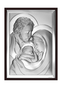 Obrazek srebrny z wizerunkiem Św. Rodziny, prostokątny na brązowym drewnie