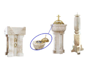 Komplet marmur breccia: ambona, chrzcielnica, lichtarz i ołtarz