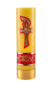 Świeca ołtarzowa na wkład olejowy, ręcznie zdobiona ze znakiem PAX - pokój,  wys. 30/7cm