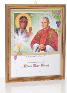 Obrazek komunijny w ramce z personalizacją Matka Boża Częstochowska i Święty Jan Paweł II