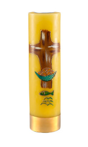 Świeca ołtarzowa na wkład olejowy, ręcznie malowana z krzyżem, chlebem i rybą,  wys. 30/7cm 