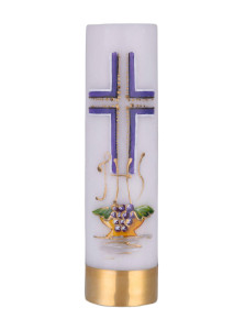 Świeca ołtarzowa na wkład olejowy, eucharystyczna z krzyżem niebieskim, ręcznie malowana,  wys. 30/8cm 