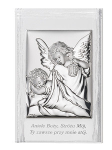 Obrazek srebrny na pamiątkę Chrztu Św. z Aniołkiem z latarenką na zdobionym białym drewienku, prostokąt