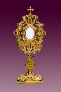 Relikwiarz barokowy, mosiężny, złocony, wysokość 33 cm