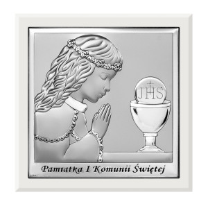 Obrazek srebrny na pamiątkę I Komunii Św. z dziewczynką w ramce