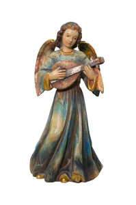 Anioł stojący z mandoliną, rzeźba antyczna złocona, wysokość 45 cm